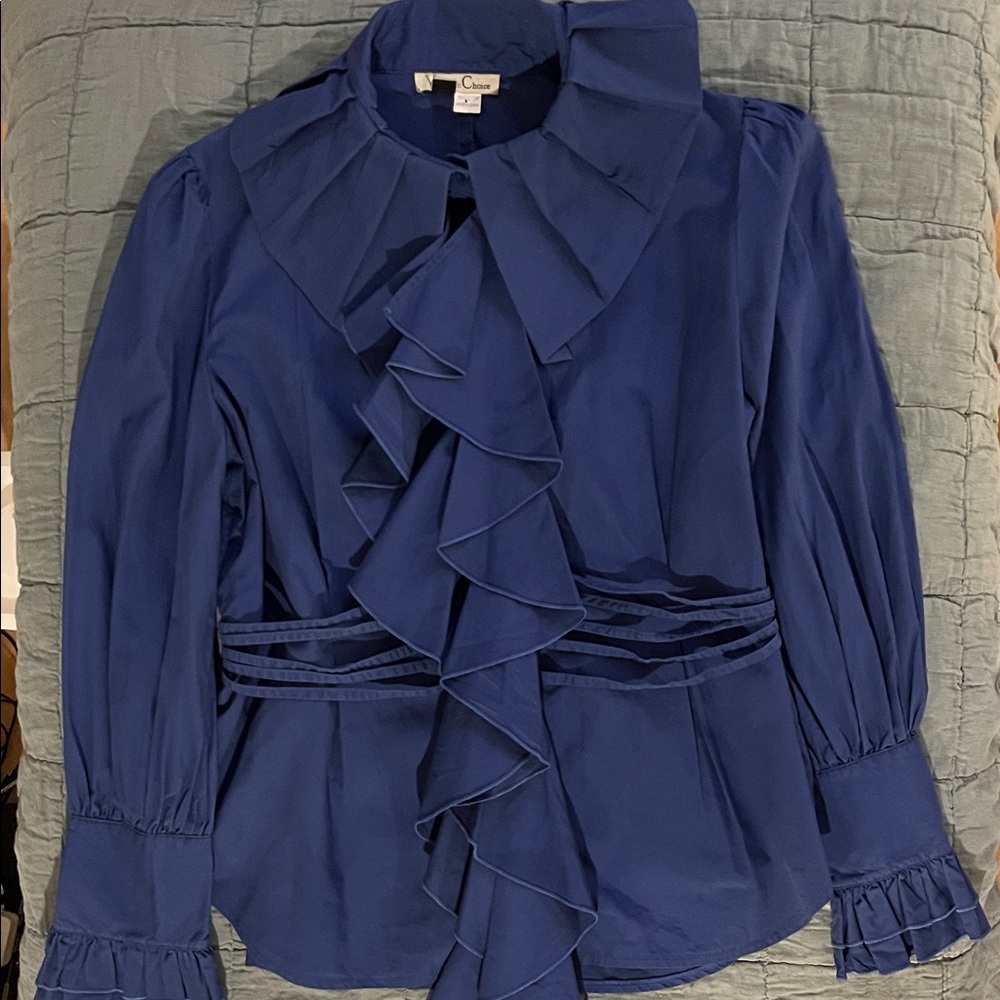 Victorian Choice Navy Ruffle Front Blouse